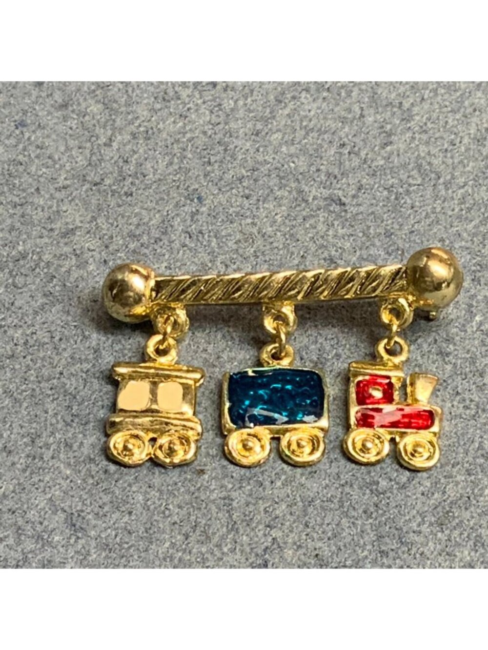 Dangling Choo-Choo Train Brooch 1.5 In Gold Blue Red Beige Enamel Sparkle Retro